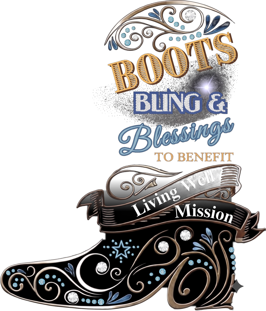Boots, Bling and Blessings to benefit Living Well Mission, ornate jeweled cowboy boot logo